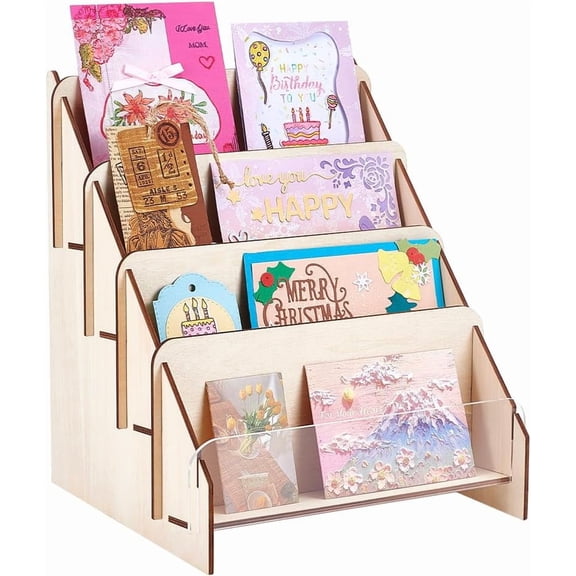 Greeting Card Display Stand Holder 4-Tier Wooden Organizer Display Rack Postcard Holder Sticker Display Stand for Vendors Counter Retail Display Rack for Brochure Photos Stamp Mail Brown