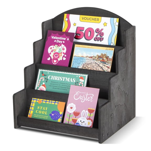 Greeting Card Display Stand, Wooden 4-Tier Postcard Display Stand Holder for Sticker, Vendors, Retail Stores, Brown