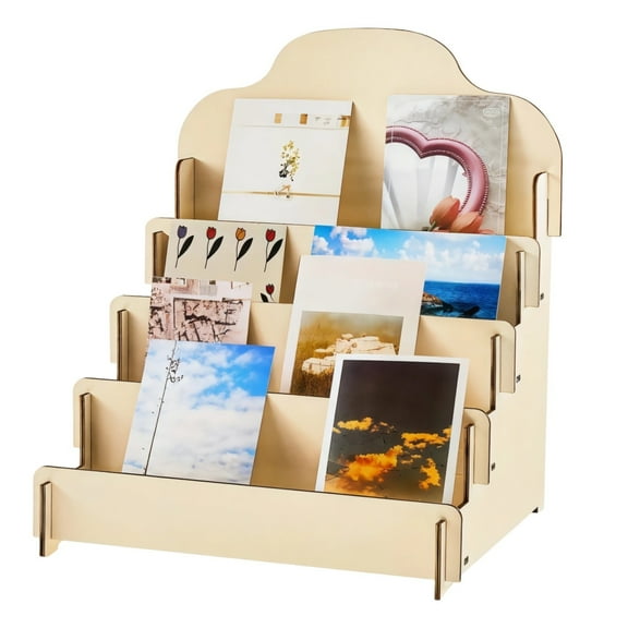 Greeting Card Display Stand - Wooden Tabletop Rack with 4-Tier Storage for Cards, Brochures, Crafts - Easy DIY Surface, Portable and Sturdy Organizer for Parties, Retail