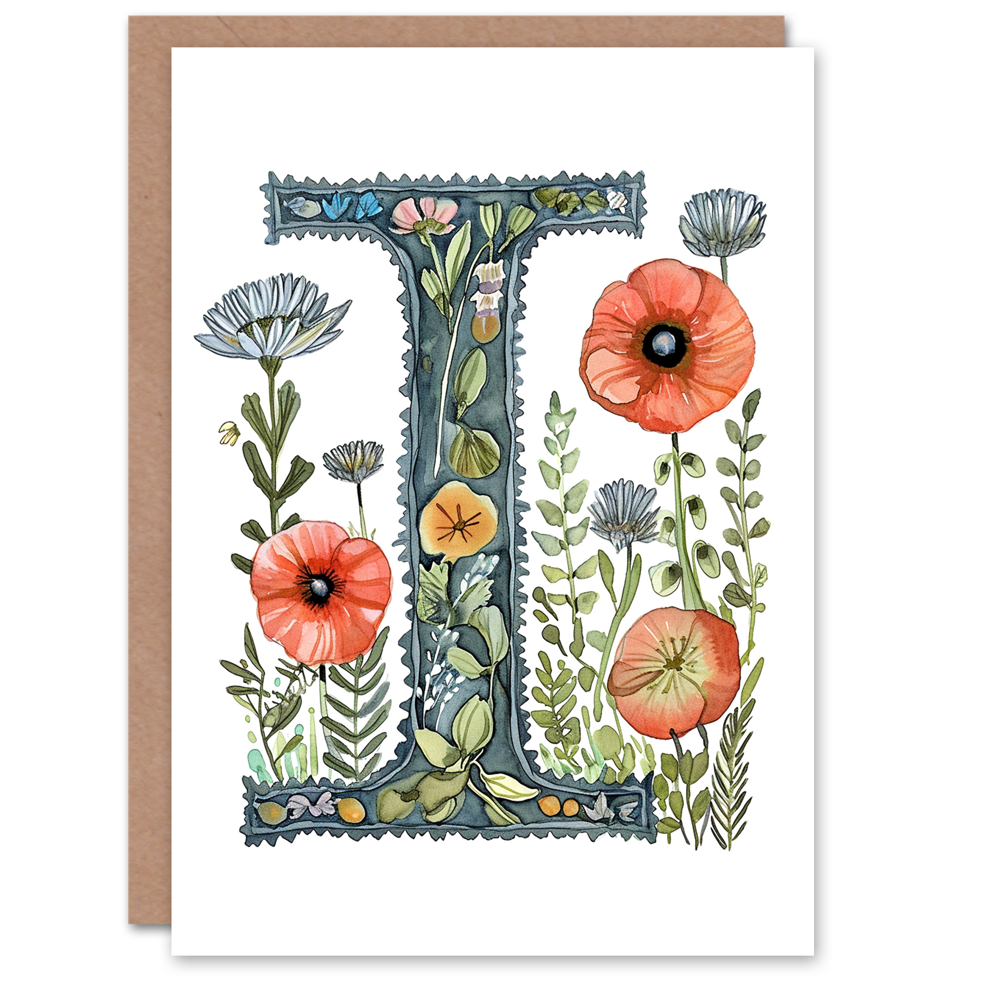 Greeting Card Letter I in Watercolour Wildflowers Poppy Bouquet Floral ...