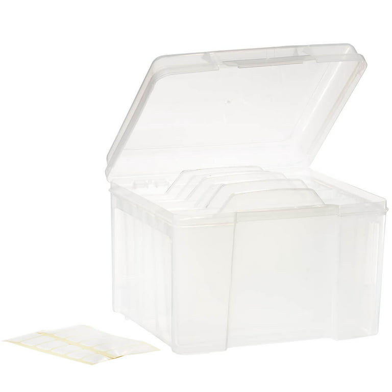 Greeting Card Organizer with Dividers, Includes 18 Self-Stick Labels, Clear Plastic Box, 10 Long x 8 Wide x 7 High