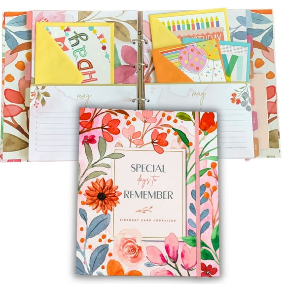 Greeting Card Organizer with Pockets - Floral Birthday Calendar Book - Hardcover Birthday Book Reminder