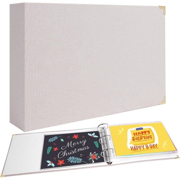 Greeting Card Storage Organizer, Insert One Opened Card per Sheet, D-Ring Binder Organizer for 4x6'' 5x7'' Birthday Christmas Cards, Linen Cover Card Keeper 100 Cards, Stickers, Photos Protection