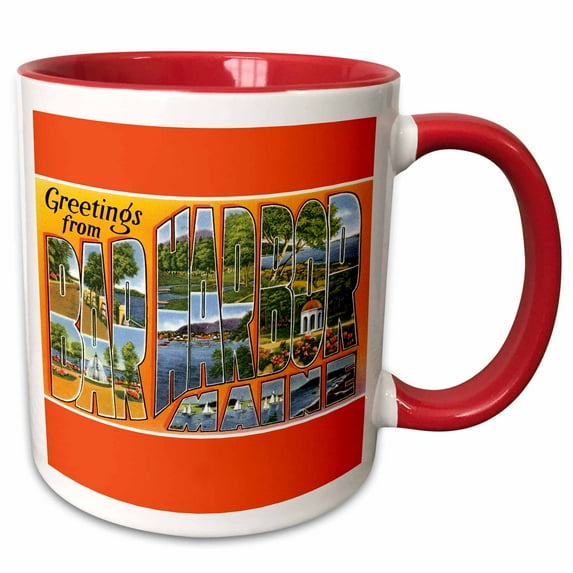 3drose, Greetings from Bar Harbor, Maine Scenic Postcard Reproduction, 11oz Two-tone Red Mug