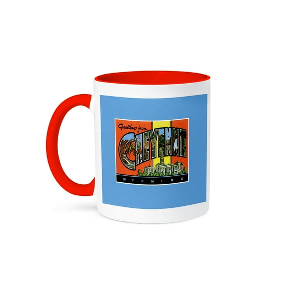 3dRose, Greetings from Cheyenne Wyoming Scenic Postcard Reproduction, 15oz Two-Tone Red Mug