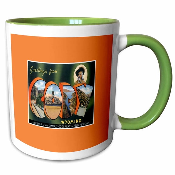 3drose, Greetings from Cody Wyoming Gateway of Cody Way to Yellowstone, 15oz Two-tone Green Mug
