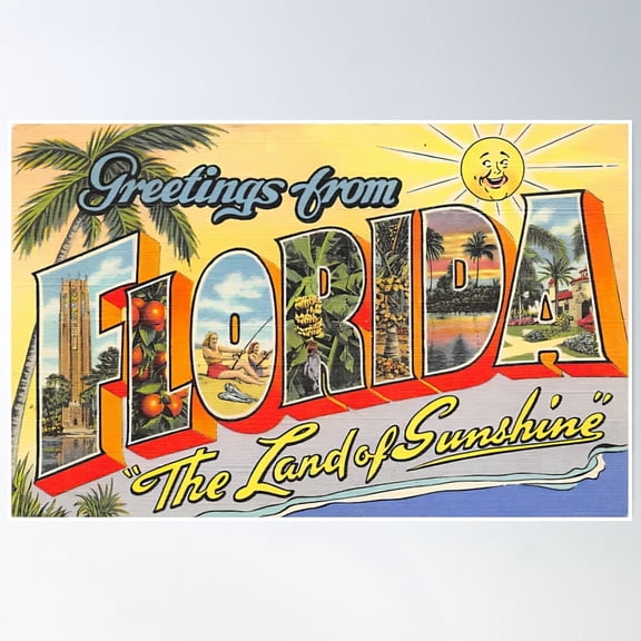 Greetings From Florida: Land Of Sunshine Poster Wall Art Modern Wall Decor