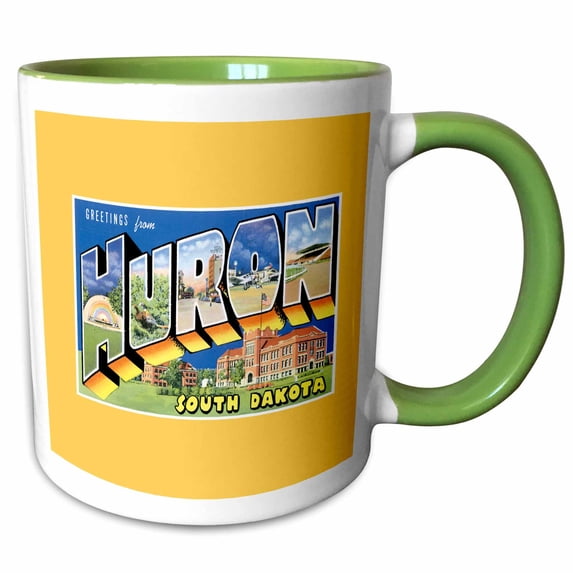 3drose, Greetings from Huron South Dakota Scenic Postcard Reproduction, 15oz Two-tone Green Mug