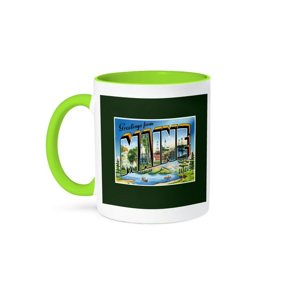 3dRose, Greetings From Maine Scenic Postcard with Lake and Canoes, 11oz Two-Tone Green Mug