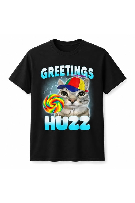 Greetings Huzz Cat Graphic T-Shirt, Funny Meme Tee, Unisex Classic Fit
