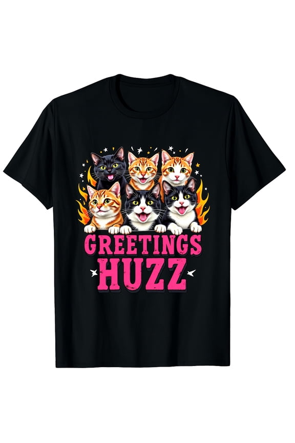 Greetings Huzz Funny Cat Meme Bootleg Graphic Black T-Shirt for Men and Women
