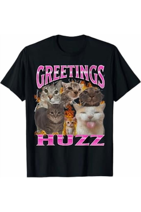 Greetings Huzz Funny Cat Meme Bootleg Graphic T-Shirt