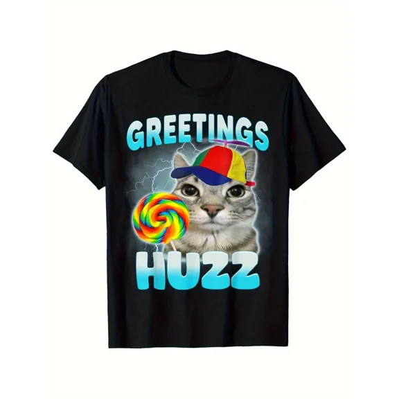 Greetings Huzz Funny Cat Meme T-Shirt - Soft Cotton Crew Neck Tee with Play