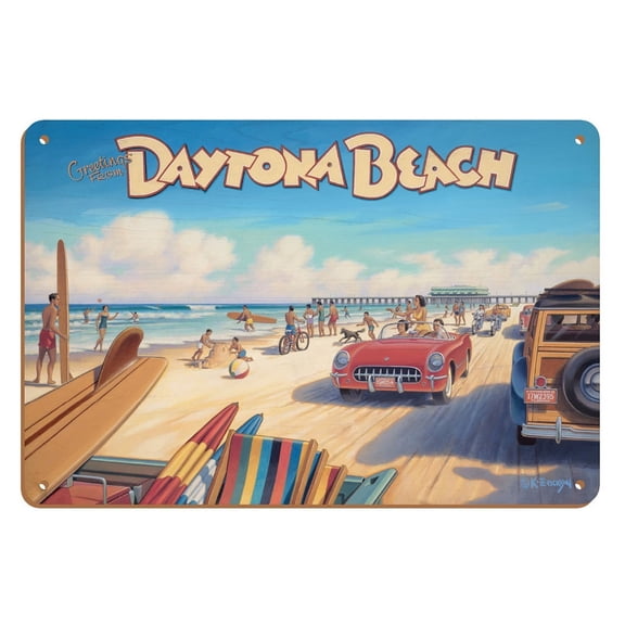 Greetings from Daytona Beach Florida - Spring Break - Vintage Travel Poster by Kerne Erickson - 8 x 12 inch Vintage Wood Art Sign