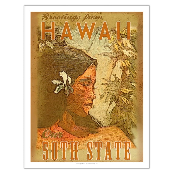 Greetings from Hawaii - Our 50th State - Vintage Travel Poster by Wade Koniakowsky - Fine Art Matte Paper Print (Unframed) 20x26in