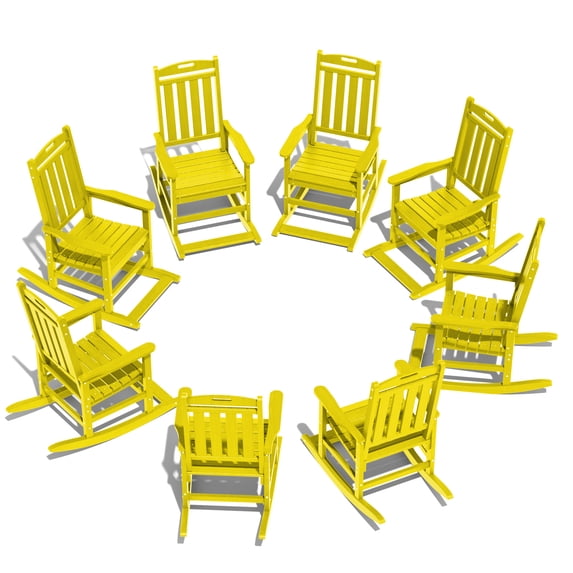 Greforg Outdoor Oversized Patio Rocking Chair Set of 8, HDPE Weather Resistant Porch, Garden Lawn Rocker,Yellow