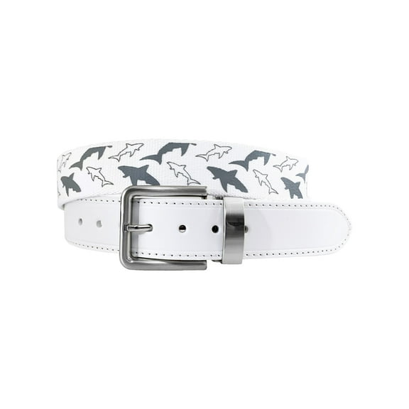 Greg Norman Collection Men's Shark Frenzy Cut To Fit Golf Belt, White -