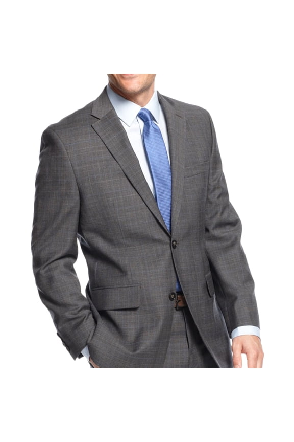 Mens Plaid Two Button Blazer Jacket, Grey, 44 Long