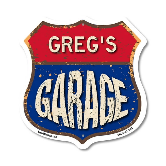 Greg's Garage 12 inch X 12 inch Shield-Shaped Rust-Free Aluminum Metal Sign Weather Resistant, UV Protected To last, Gift for Dads and Uncles Classic Americana Crafted in the USA
