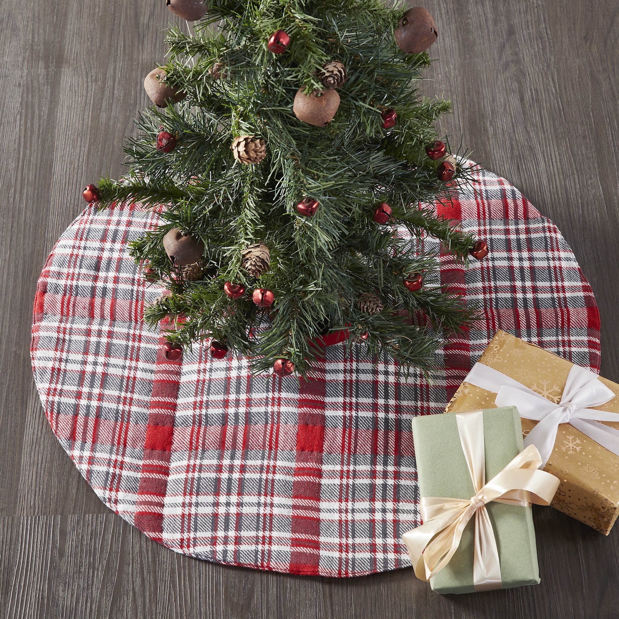 24" Red and Gray Plaid Cotton Christmas Tree Skirt