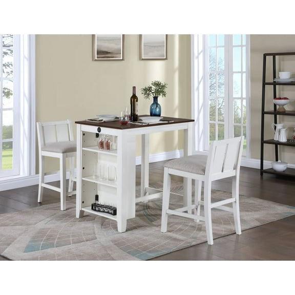 Gregorio 36" 3-Piece White Finish Small Space Counter Height Dining Table with Shelves and 2 Chairs