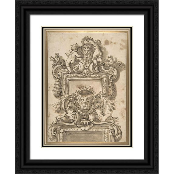 Gregorio de' Ferrari 19x24 Black Ornate Framed Double Matted Museum Art Print Titled: Design for an Overdoor Decoratio (ca. 1670-90)