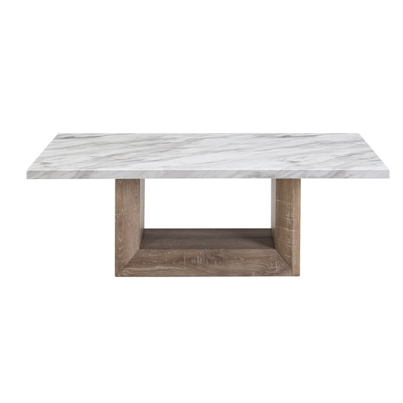 Gregory Contemporary Rectangular Coffee Table with Marble Finish, Pedestal Base, Black & Ivory Wood Accent