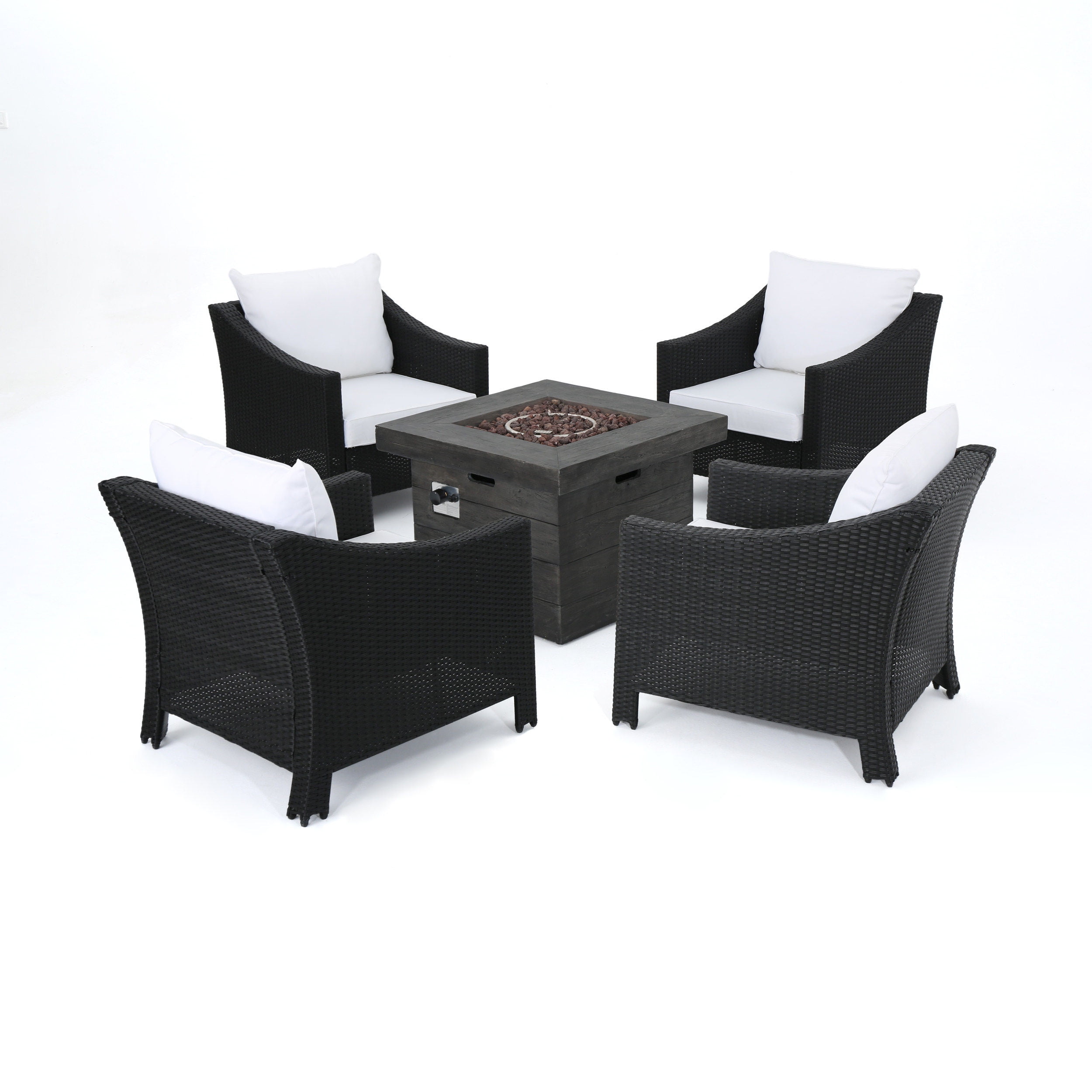 Gregory Outdoor 5 Piece Wicker Club Chairs Fire Pit Chat Set, Black, Grey, White Cushion