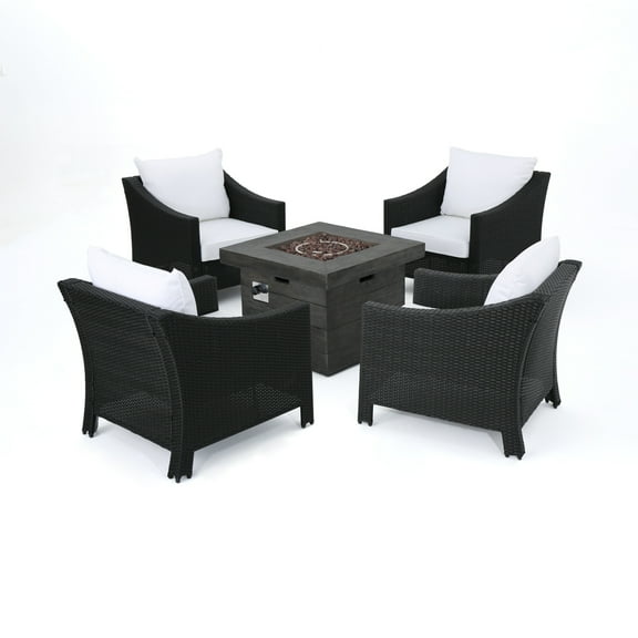 Gregory Outdoor 5 Piece Wicker Club Chairs Fire Pit Chat Set, Black, Grey, White Cushion