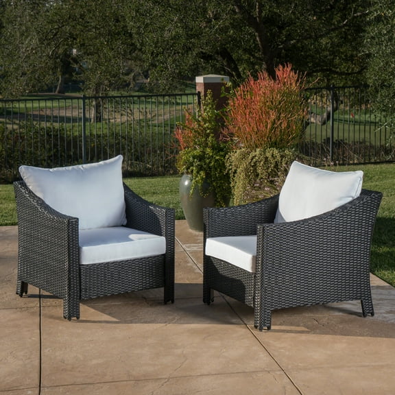 Gregory Outdoor Wicker Club Chairs with Cushions, Set of 2, Black, White