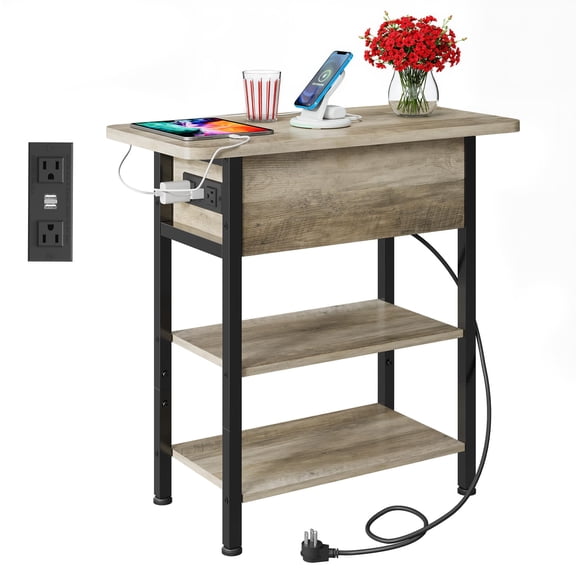 Greige End Table with Flip Top, Built-In Outlet & USB Ports, 2 Shelves