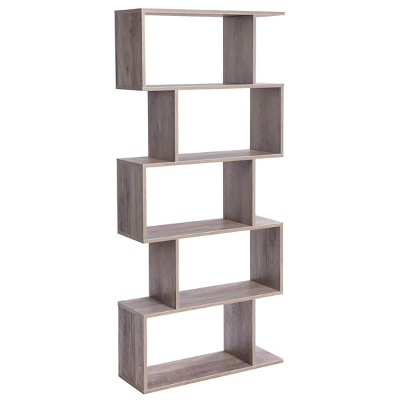 Greige Geometric Wooden Bookcase, Freestanding Display Shelf And Room Divider, 5-Tier Decorative Storage Shelving