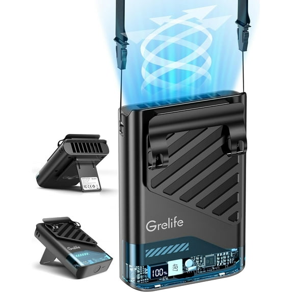 Grelife 10000RPM Rechargeable Waist Fan - 40H Runtime, 5 Speeds, 33ft/s Wind, LED Display, for Outdoor Activities & Work(Black)