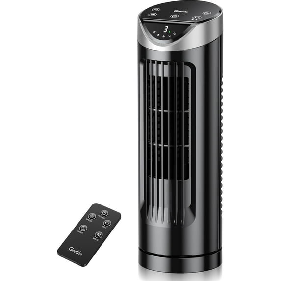 Grelife 16" Quiet Oscillating Tower Fan with Remote - 26dB Ultra Quiet, 3 Speed Modes, 8H Timer, 90° Wide Angle, 27ft/s Airflow, Portable Desk Table Fan for Bedroom, Office, Home (Black)