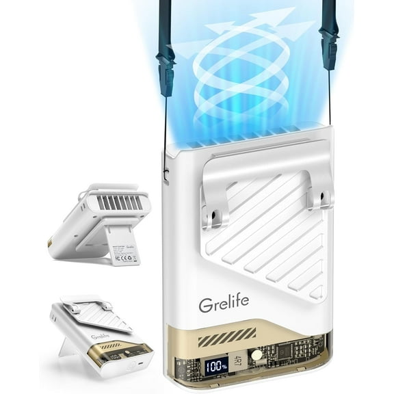Grelife Wearable Air Cooler 5-Speed Portable Rechargeable LED Display Hand Held Fan 40H Runtime