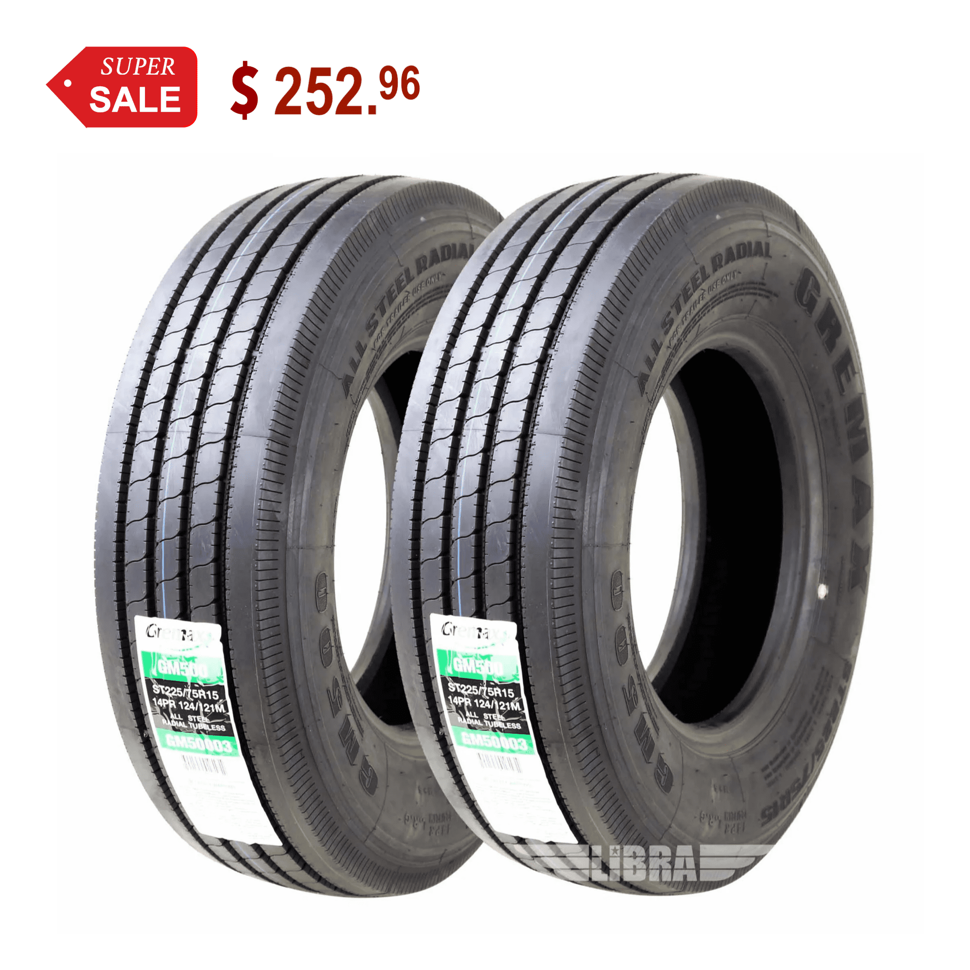 Gremax Heavy Duty All Steel Trailer Tires ST 225/75R15 14 Ply 124/121M 11150, Set 2