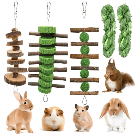 Grembeb 5pcs Rabbit Toys Bunny Chew Treat for Teeth Grinding Hanging Timothy Hay Ball Apple Stick Wood Alfalfa Grass Cake Food Snack for Cage