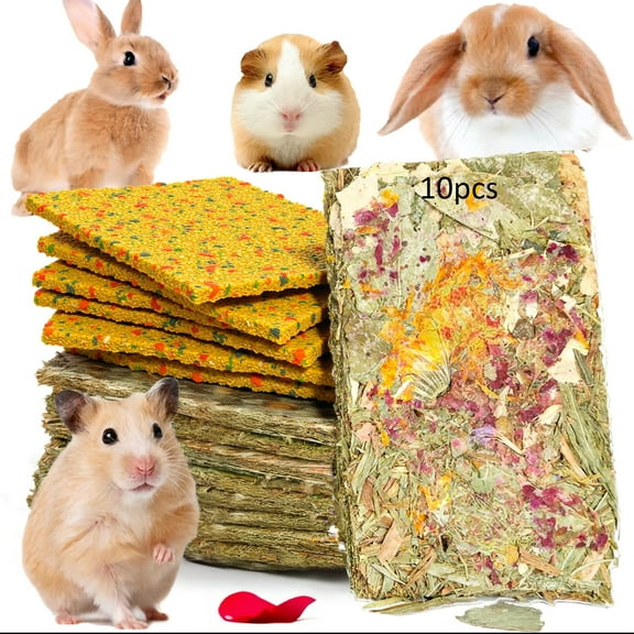 Grembeb Rabbit Toys 10pcs 2 IN 1 Bunny Crisp Treat Indoor Guinea Pig Chew Snack for Cleaning Teeth Enrichment Timothy Hay Chips Hamsters Molar Food For Chinchilla Gerbil Rat (4+6)