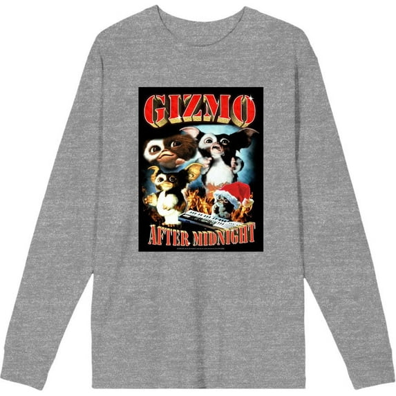 Gremlins Gizmo After Midnight Adult Heather Gray Crew Neck Long Sleeve Tee-Medium