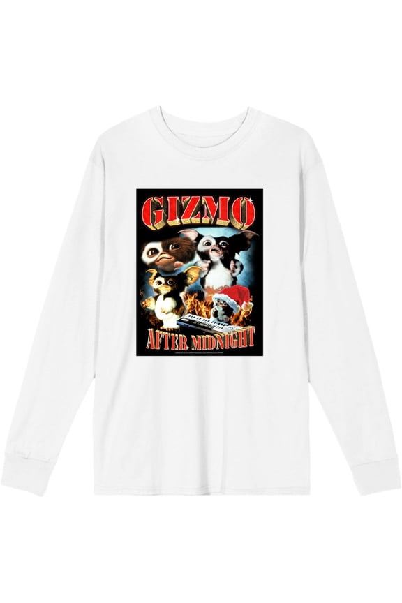 Gremlins Gizmo After Midnight Adult White Crew Neck Long Sleeve Tee-XL