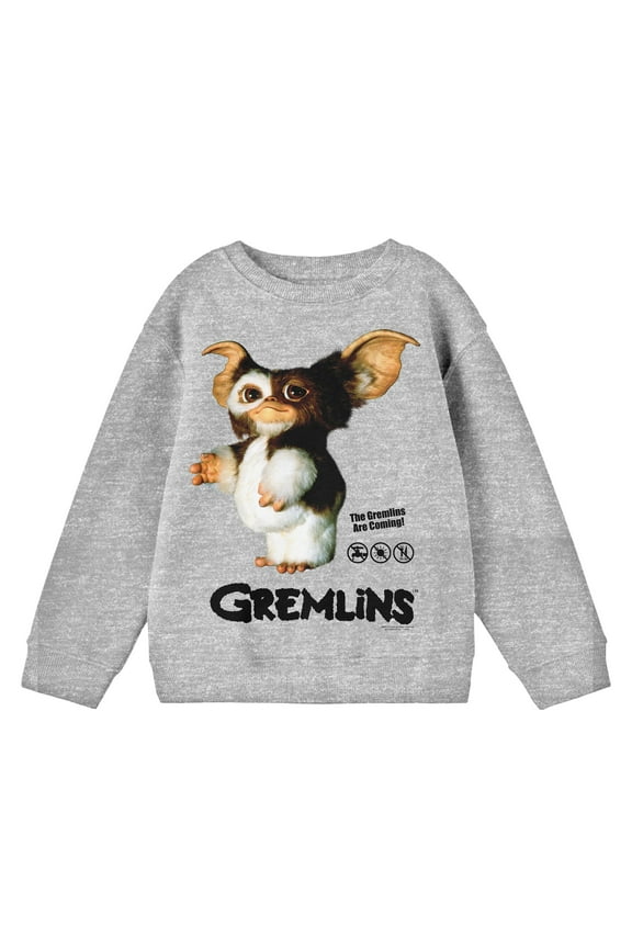 Gremlins Gizmo Character with Logo Youth Heather Gray Crew Neck Sweatshirt-Large