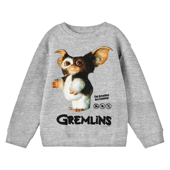 Gremlins Gizmo Character with Logo Youth Heather Gray Crew Neck Sweatshirt-Medium