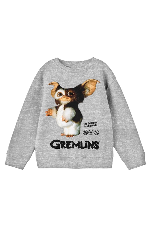 Gremlins Gizmo Character with Logo Youth Heather Gray Crew Neck Sweatshirt-XS