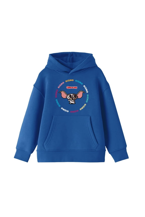 Gremlins Gizmo Fun Circular Text Boy's Royal Blue Hoodie-Large