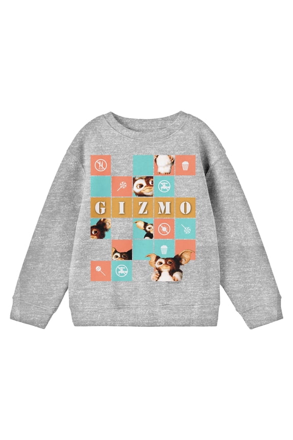 Gremlins Gizmo In Squares With Icons Youth Heather Gray Crew Neck Sweatshirt-Large