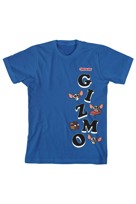 Gremlins Gizmo Toppling Text Boy's Royal Blue T-shirt-Medium