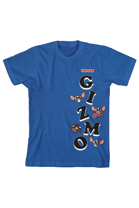 Gremlins Gizmo Toppling Text Boy's Royal Blue T-shirt-Small
