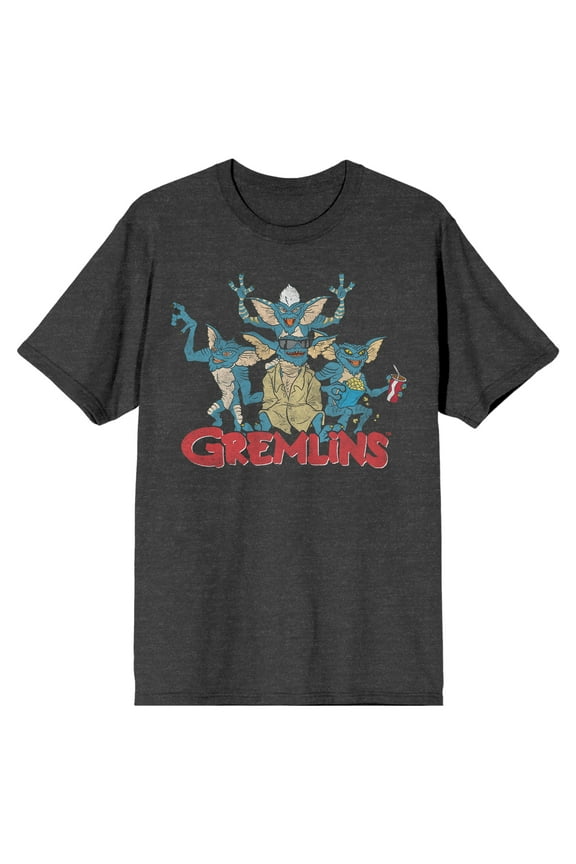 Gremlins Group Character Art Men's Charcoal Heather Graphic T-shirt-Large