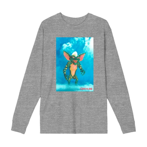 Gremlins Monster On Smoky Background Adult Heather Gray Crew Neck Long Sleeve Tee-Medium