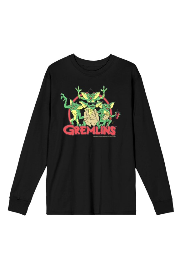 Gremlins Red Circle Logo Adult Black Crew Neck Long Sleeve Tee-Large